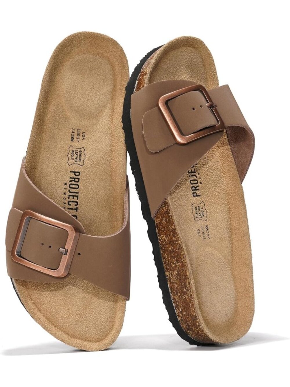 🆕 Women's Matte Brown Leather Comfort Cushioned Big Buckle Slide Sandals